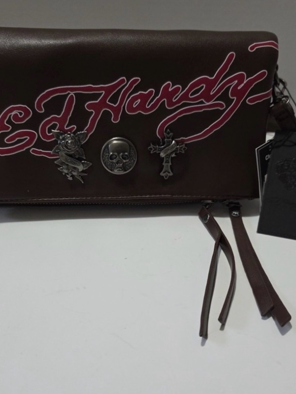 Ed Hardy Brown Leather Crossbody with Red Script and Skull Charms